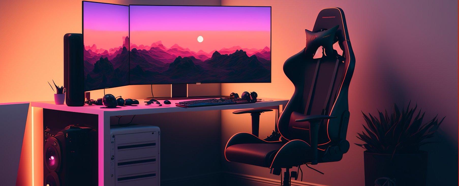 A gaming chair next to a desk with monitors on it