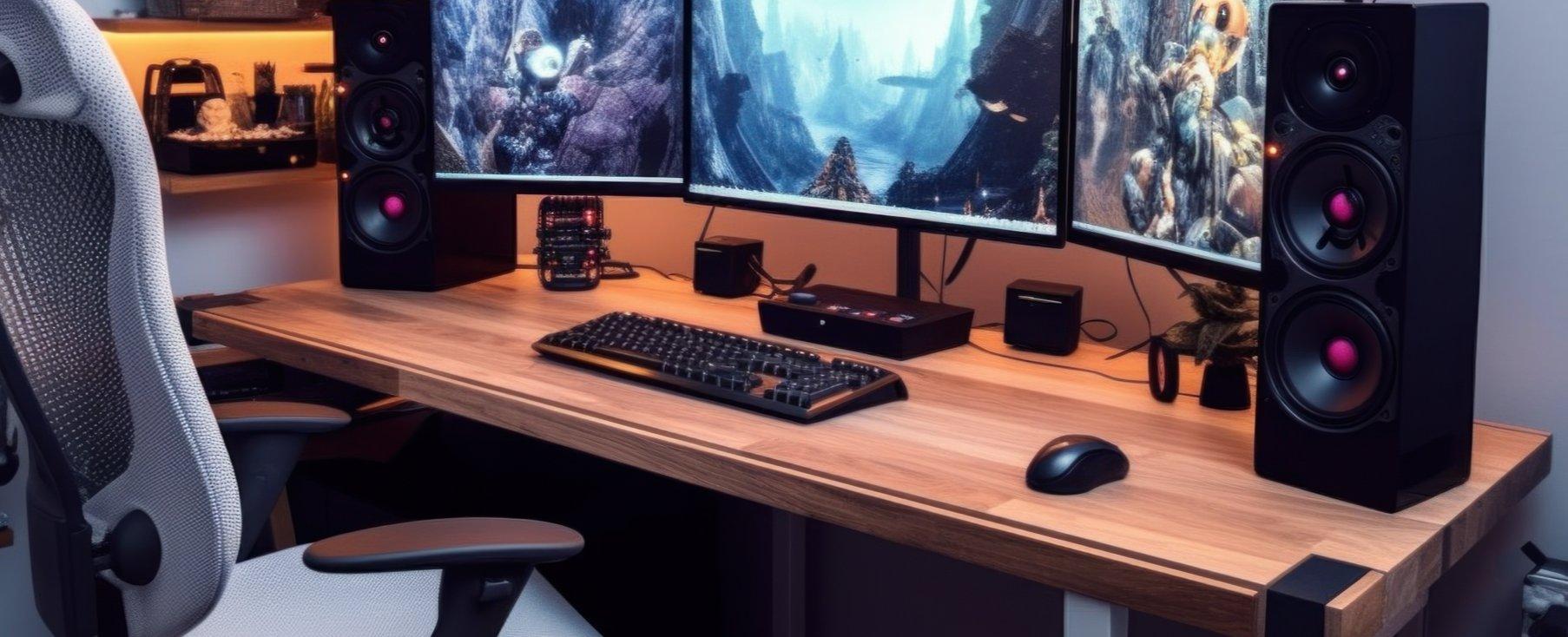 A desk with gaming PC, monitors, keyboard and mouse on it