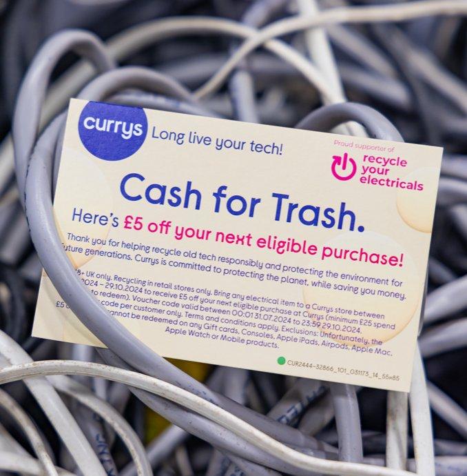 a pile of wires with a sign that says cash for trash