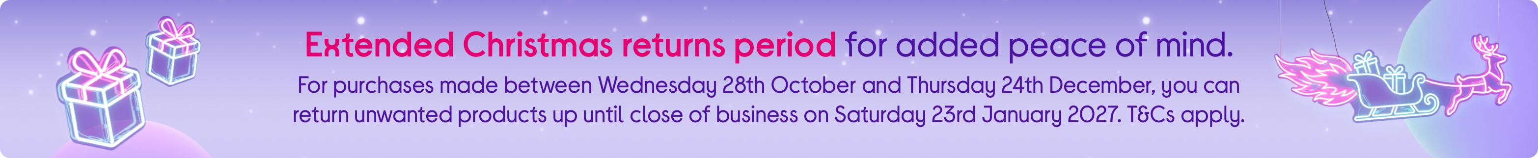 Extended Christmas returns period for added peace of mind.