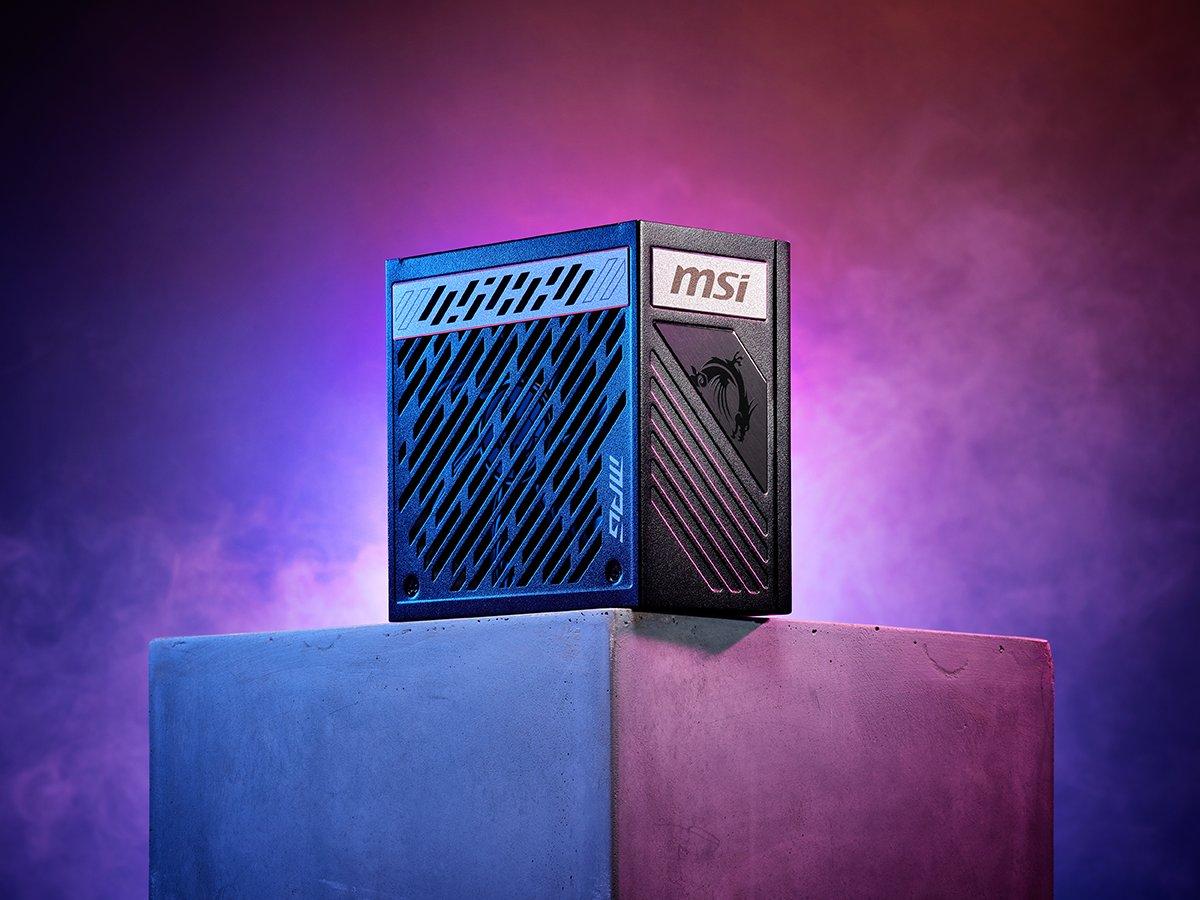 A power supply unit sitting on top of a concrete block surrounded by a purple glow