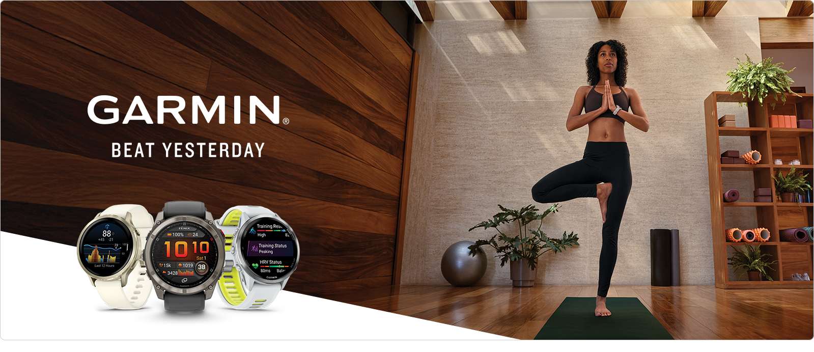 a woman doing yoga on a mat with a garmin watch on her wrist