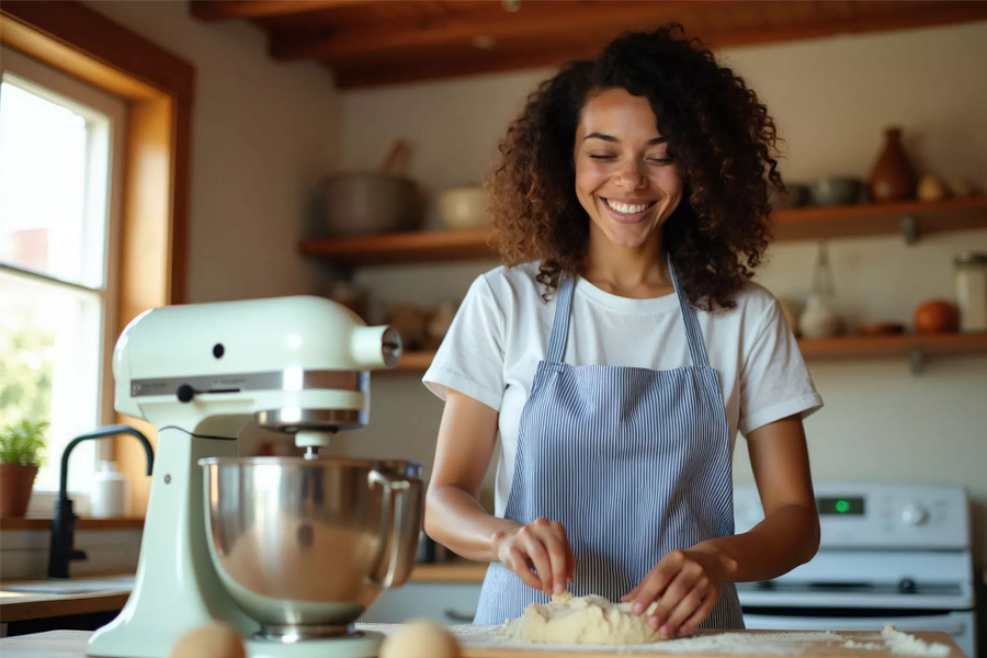 A smilling woman with curly hair wearing a blue striped apron while backing in a kitchen
