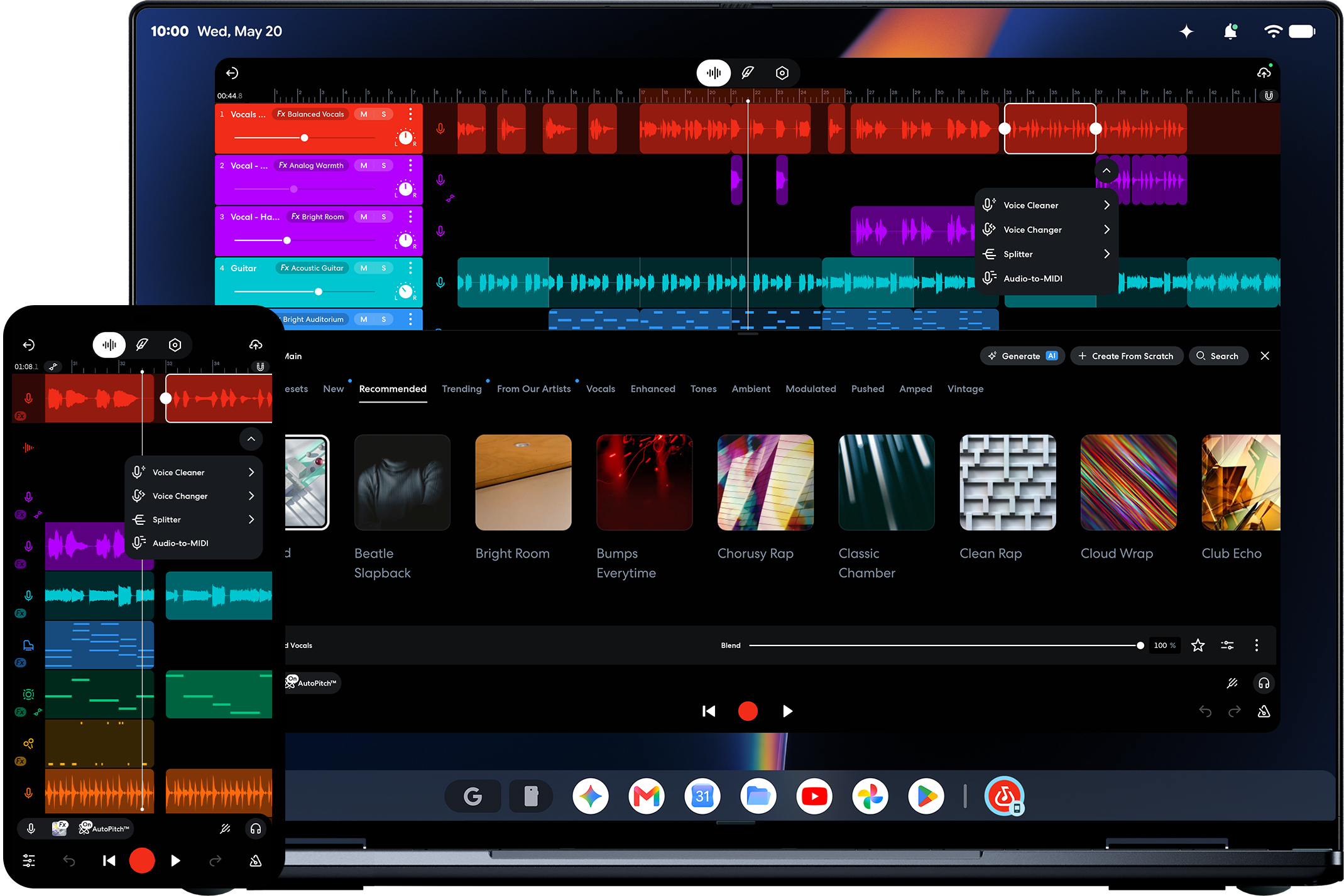 An audio editing app open on a phone and a laptop at the same time