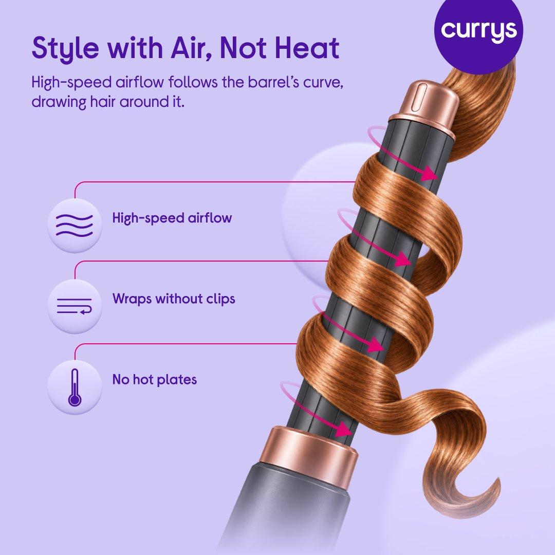 Infographic explaining how air stylers use the Coanda effect, where airflow follows a curved surface to wrap hair around the barrel for curling and styling without direct heat plates.