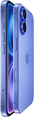 Side view of iPhone 16e in White finish, side exterior, Action button, volume buttons and back Fusion camera