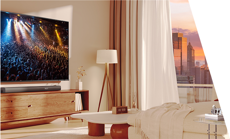 A TV on a wall in a living room