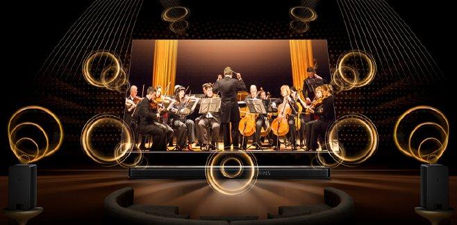 A TV showing an orchestra on a stage with surround sound being shown