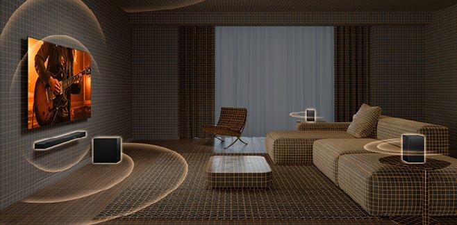 A living room with a TV, soundbar and speaker covered in a composite grid and bars showing sound