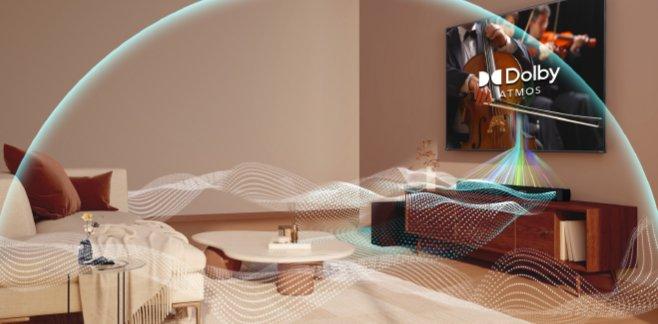 A living room with a TV, soundbar and speaker covered in a composite grid and bars showing sound