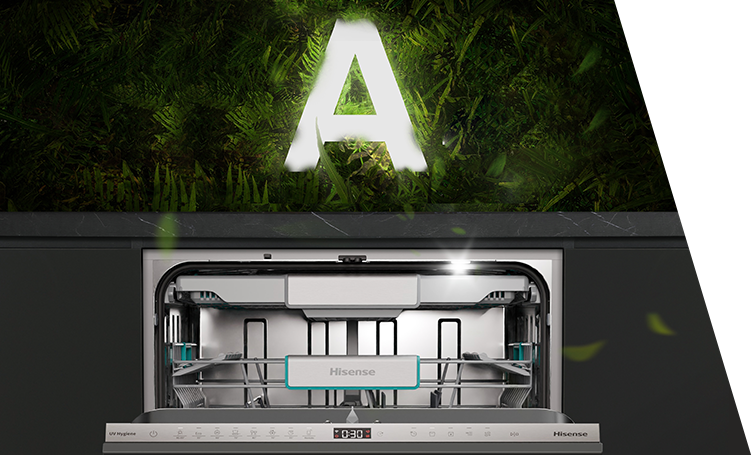 A large capital letter A over a dishwasher