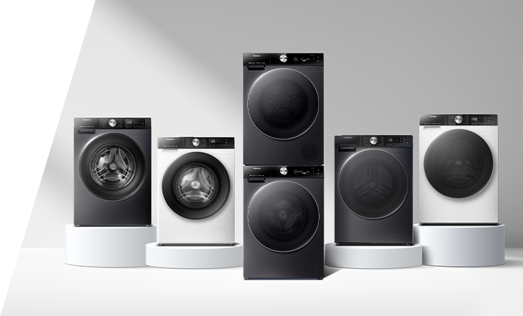Six laundry appliances on podiums