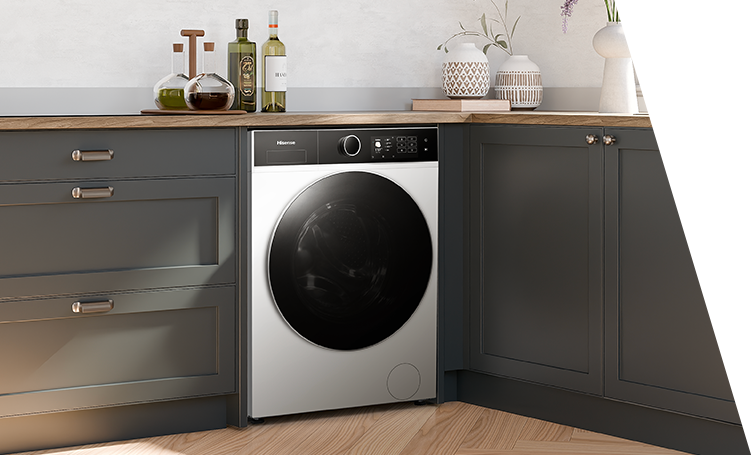 A washing machine in a kitchen
