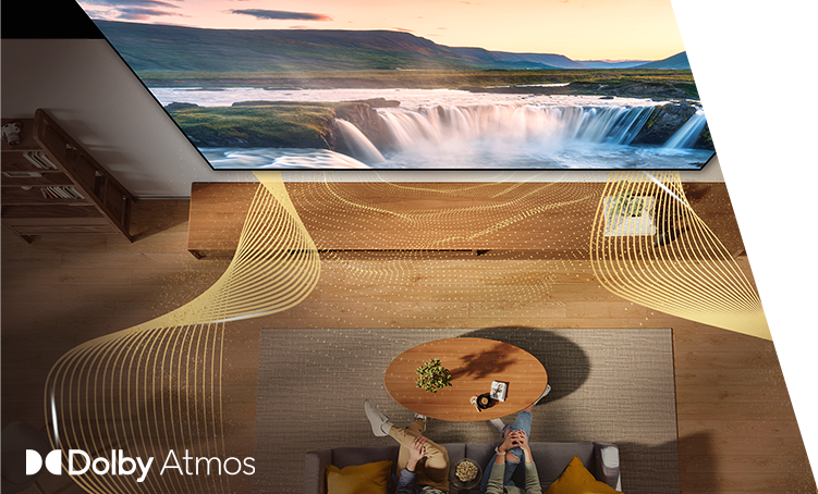 A birds eye view of a living room with a TV on the wall that have soundwaves coming out of it