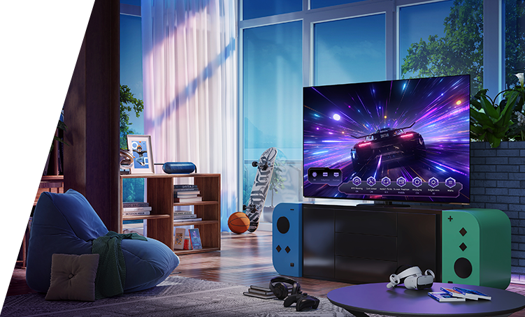 A living room setup with a TV on a surface that looks like a gaming controller