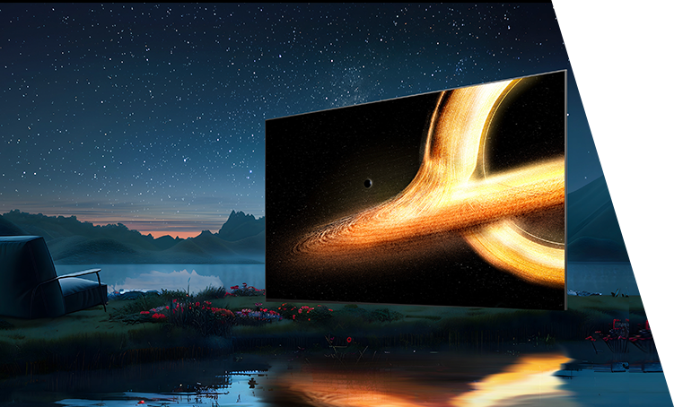 A large TV outdoors with a black and gold screen