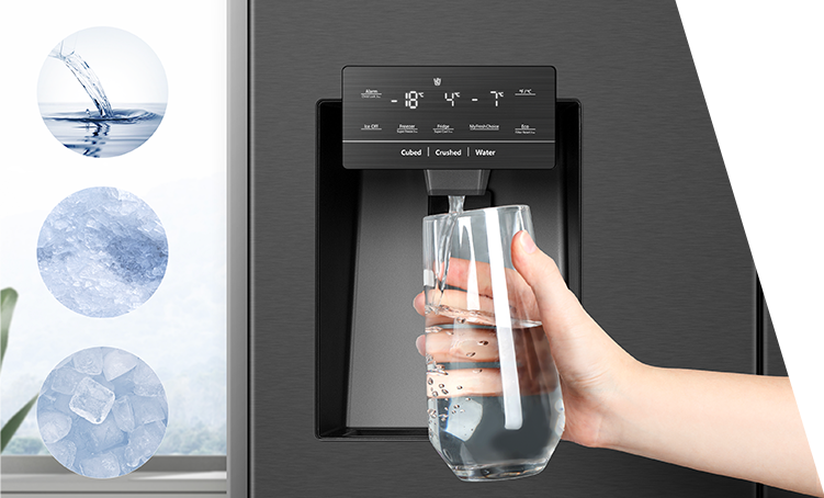 A hand holding a glass under a water dispenser on a fridge