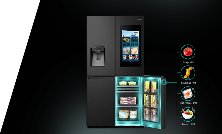 An American style fridge freezer wih one door open