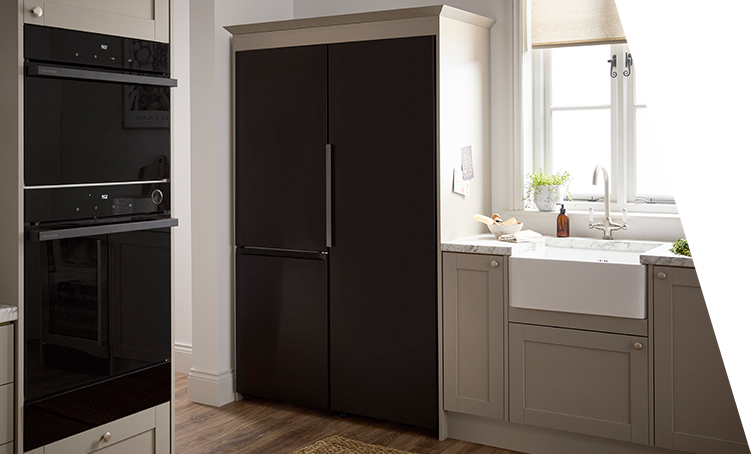 An American-style fridge freezer in a kitchen