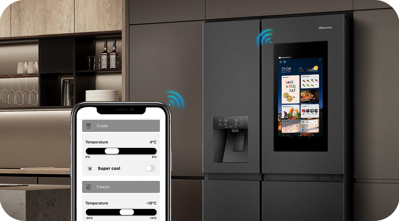 A mobile phone in the foreground and a fridge freezer in the background, both with wi-fi icons pointing to each other