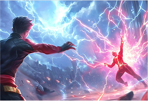 Image of one video game character firing electricity at another
