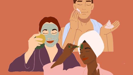 illustration of three people with different skin care products