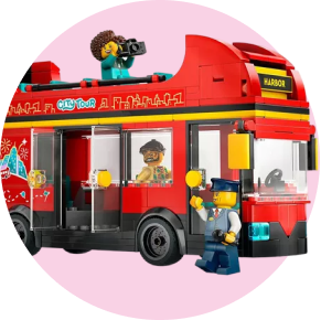 A red LEGO bus with LEGO characters on it