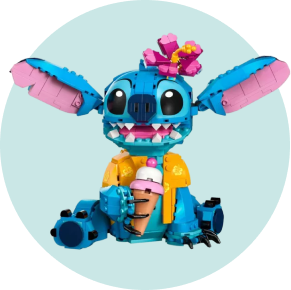 A LEGO Disney Stitch sitting whilst holding an ice cream