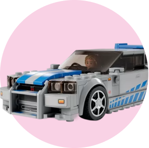 A grey and blue LEGO car