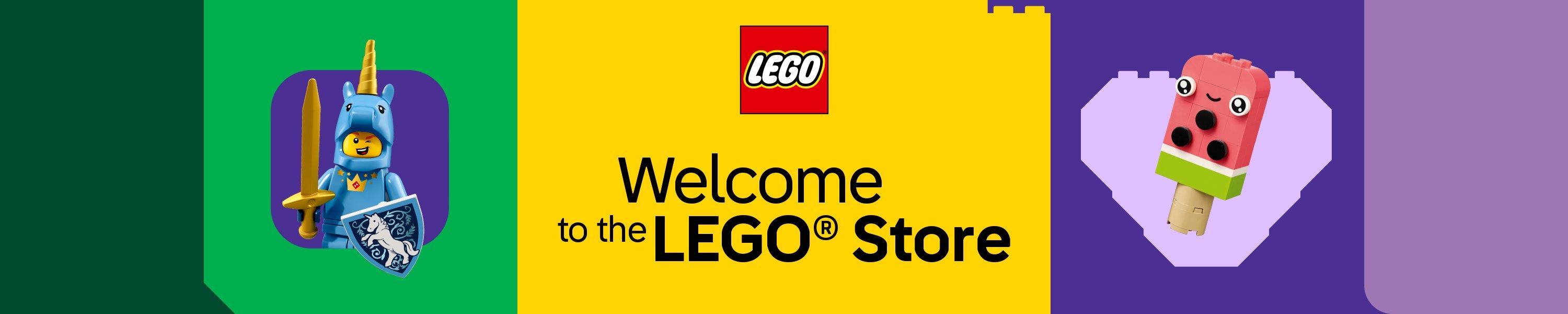 lego store logo with a colorful background and the words welcome to the lego store