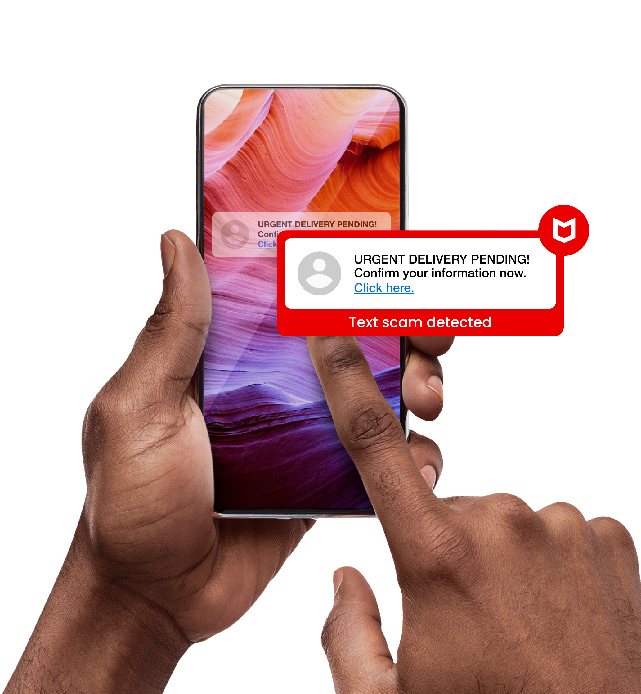 A pair of hands holding a smart phone with a notification overlaid on top