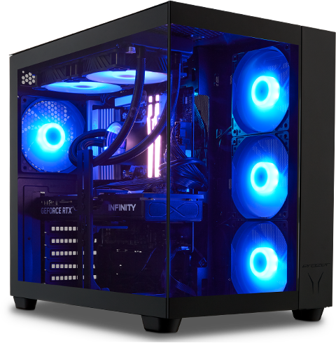 a black PC tower with blue LEDs