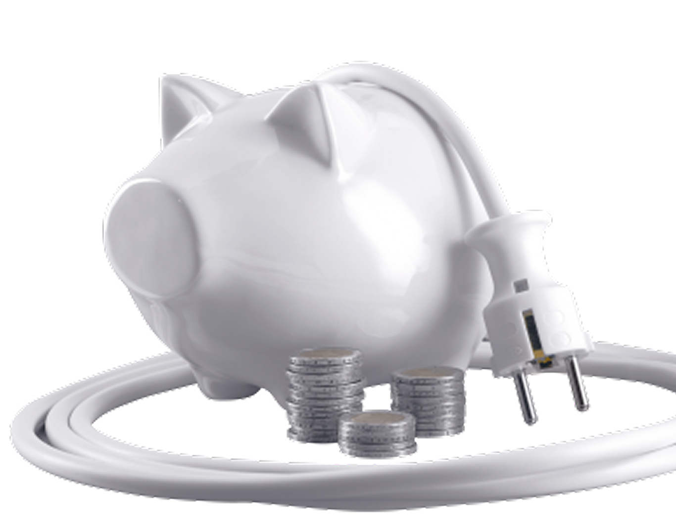 A piggybank with a cable over and around it an stack of coins in front of it