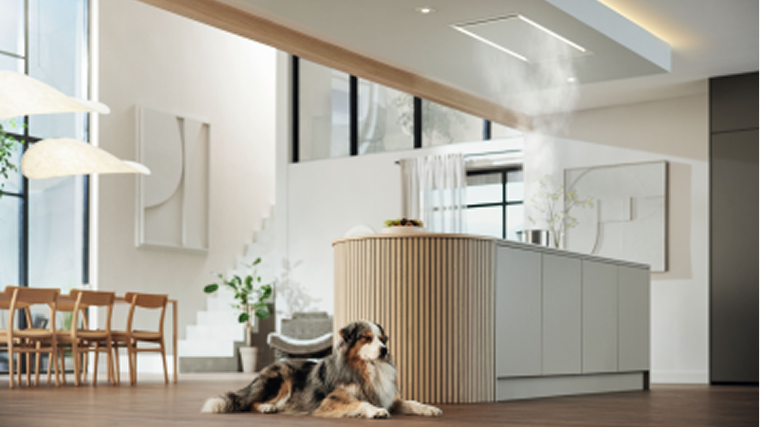 A hood in a kitchen is extracting steam