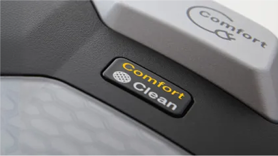 Close up of a button that says Comfort Clean