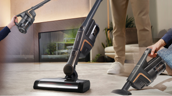 A vacuum cleaner being used in three different ways
