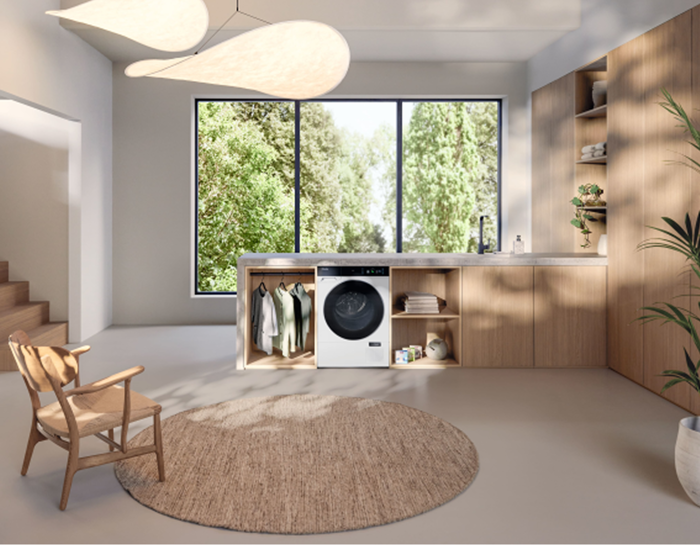 A washer dryer is in a large open room