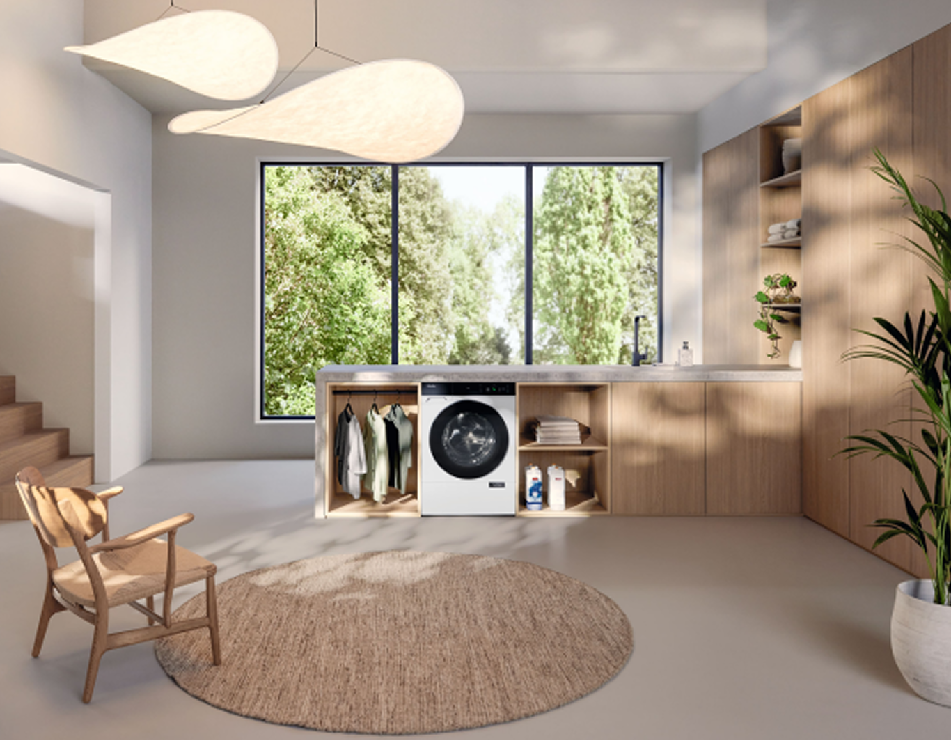 A washing machine is in a large open room