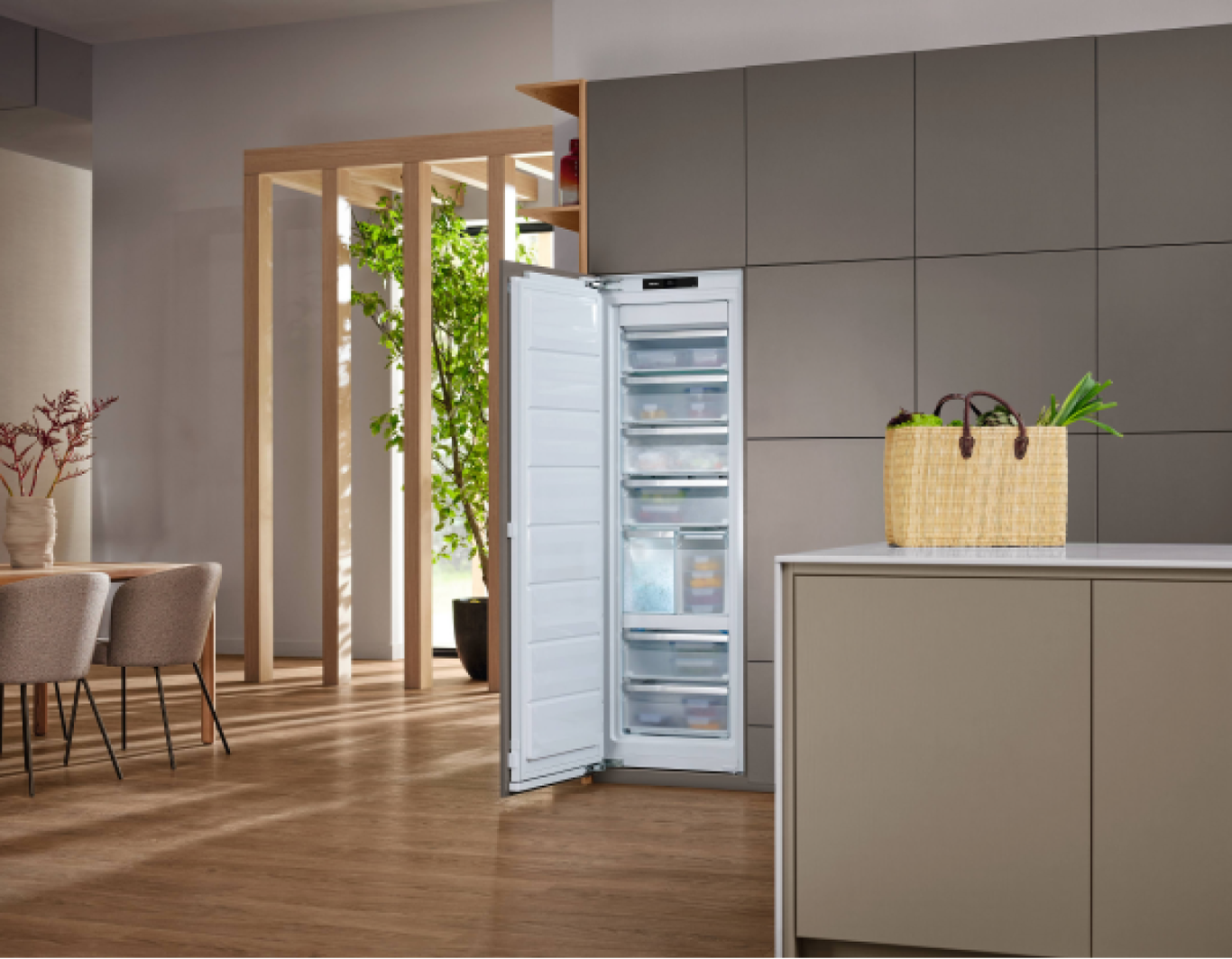 A built-in freezer in a kitchen