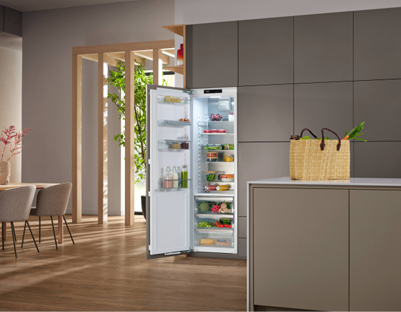 A built-in fridge in a kitchen