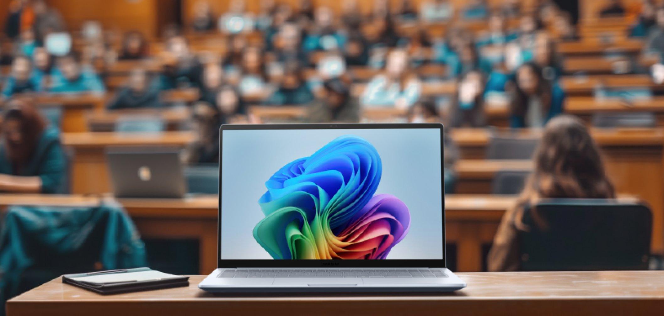 a laptop computer with a colorful swirl on the screen in front of a classroom