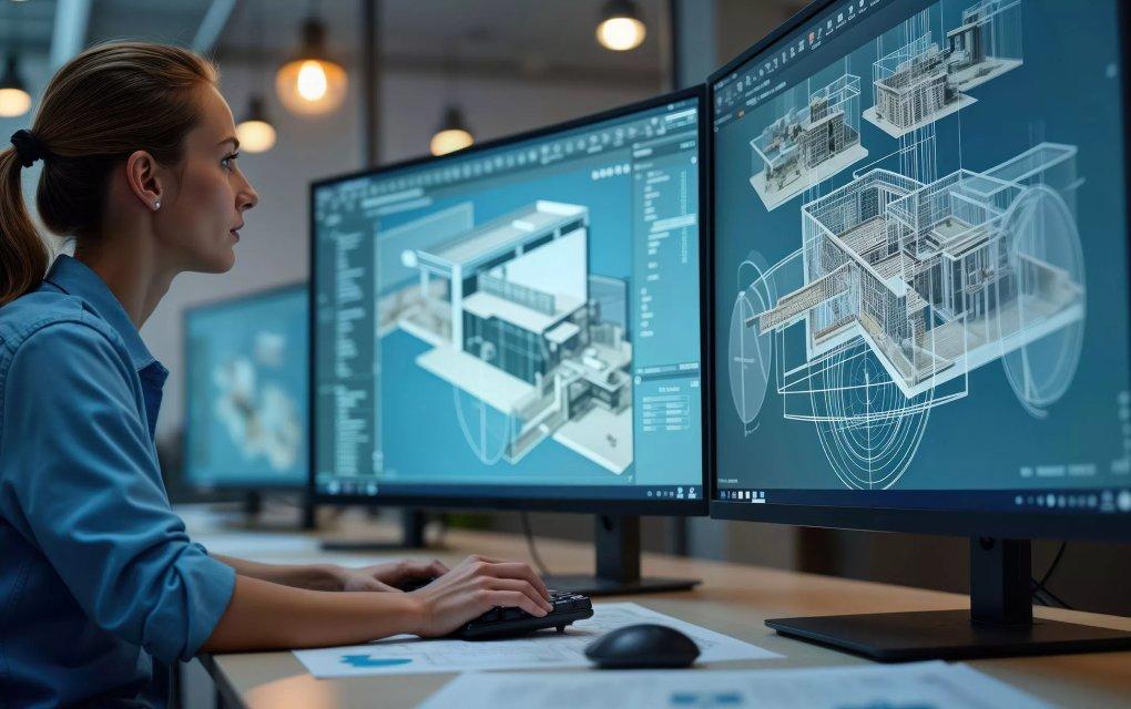 A woman sitting at a desk with two monitors that have building plans on them