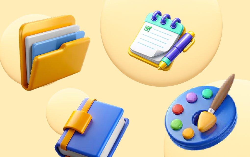 A folder icon, a calendar icon, a notebook icon and a paint palette icon on a yellow background
