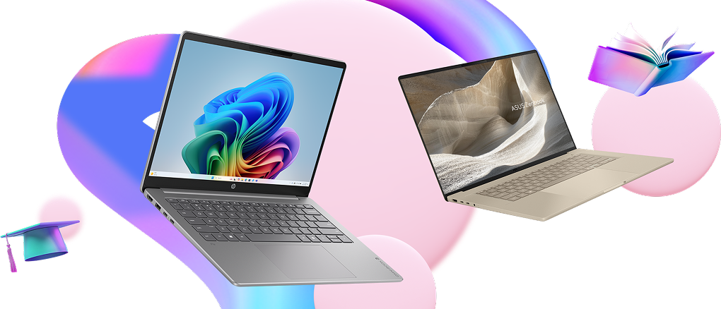 Two laptops on top of a purple circle surrounded by icons and swirls