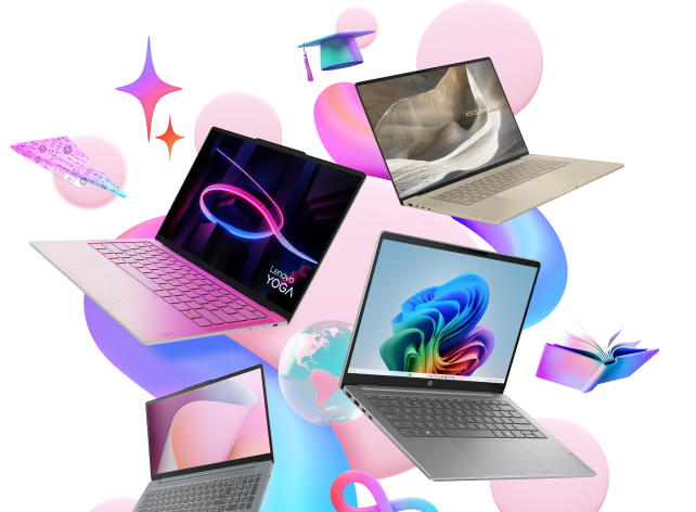 Four laptops on top of a purple circle surrounded by icons and swirls