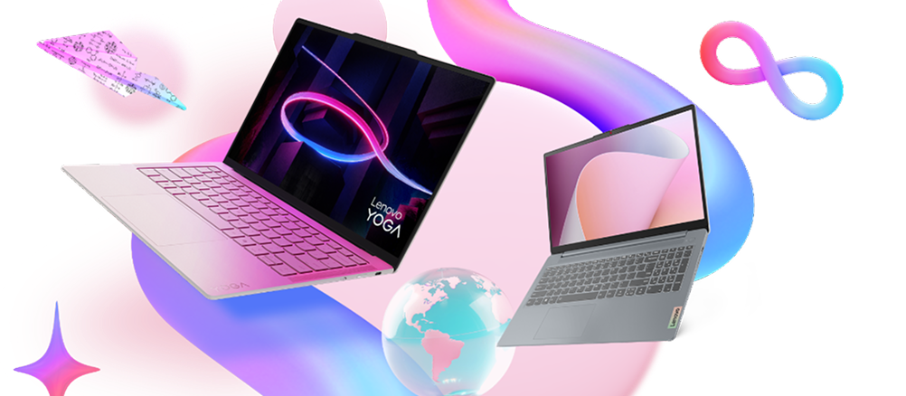 Two laptops on top of a purple circle surrounded by icons and swirls