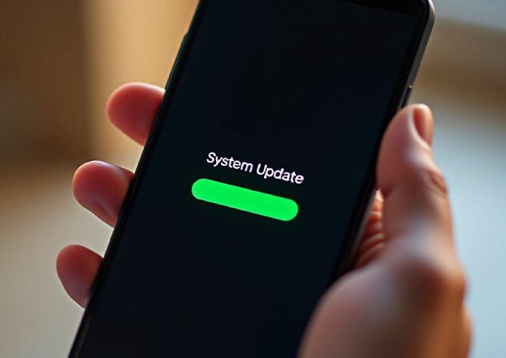 Close up of a mobile phone with a system update loading bar on the screen