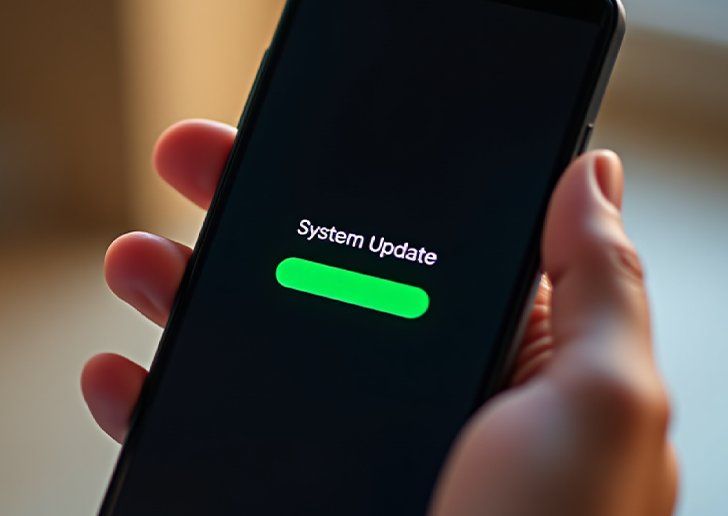 Close up of a mobile phone with a system update loading bar on the screen