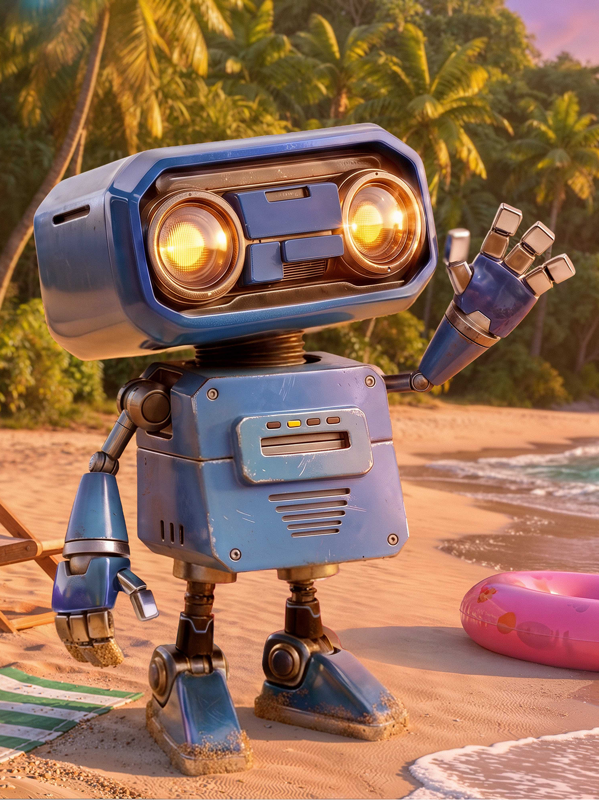 a picture of a robot on a beach waving