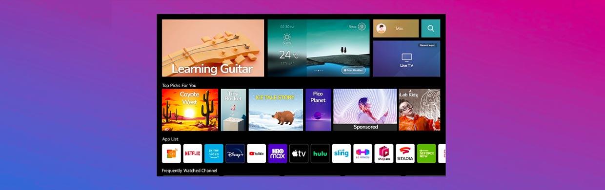 ThinQ AI & webOS applications on a colourful gradient background